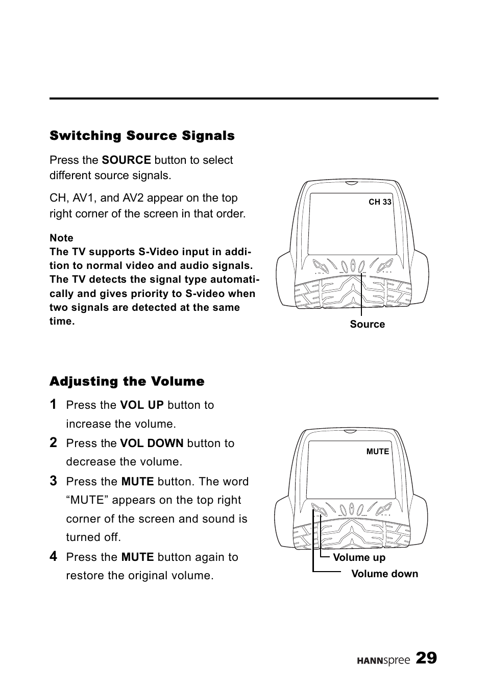 Switching source signals, Adjusting the volume, Switching source signals adjusting the volume | Press the vol up button to increase the volume, Press the vol down button to decrease the volume, Source, Volume up volume down | HANNspree 9.6" LIQUID CRYSTAL ST54-10A1 User Manual | Page 30 / 56
