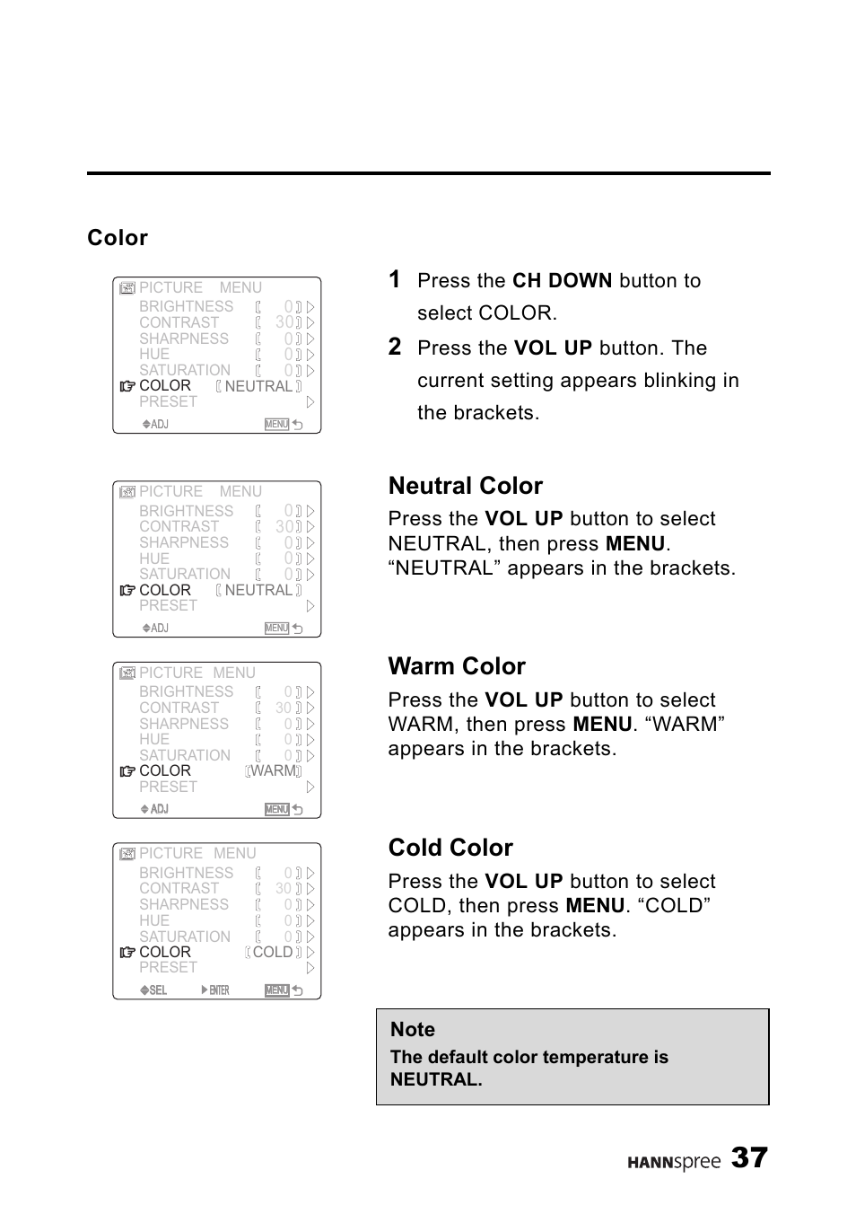 Color, Neutral color, Warm color | Cold color, Press the ch down button to select color | HANNspree 9.6" LIQUID CRYSTAL ST54-10A1 User Manual | Page 38 / 56