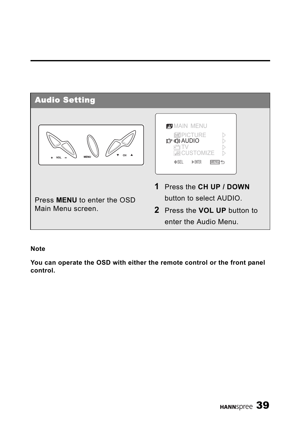 Audio setting, Press menu to enter the osd main menu screen, Press the ch up / down button to select audio | Press the vol up button to enter the audio menu | HANNspree 9.6" LIQUID CRYSTAL ST54-10A1 User Manual | Page 40 / 56