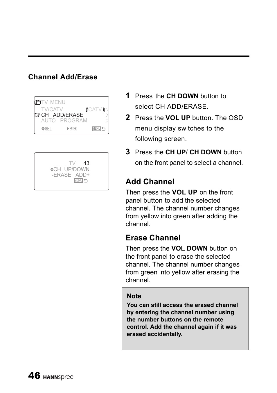 Channel add/erase, Add channel, Erase channel | HANNspree 9.6" LIQUID CRYSTAL ST54-10A1 User Manual | Page 47 / 56