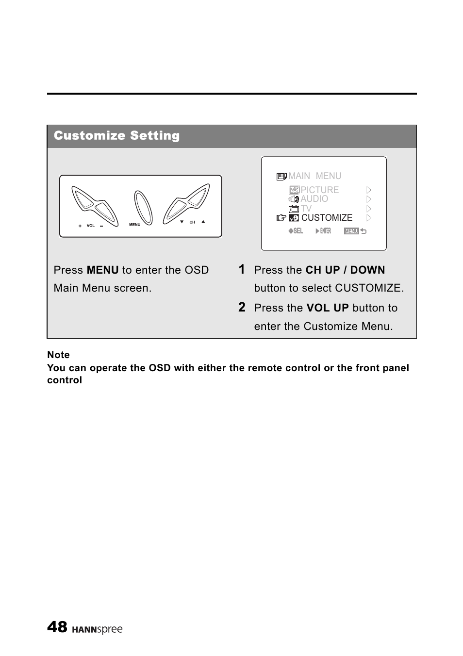 Customize setting, Press menu to enter the osd main menu screen, Press the ch up / down button to select customize | HANNspree 9.6" LIQUID CRYSTAL ST54-10A1 User Manual | Page 49 / 56