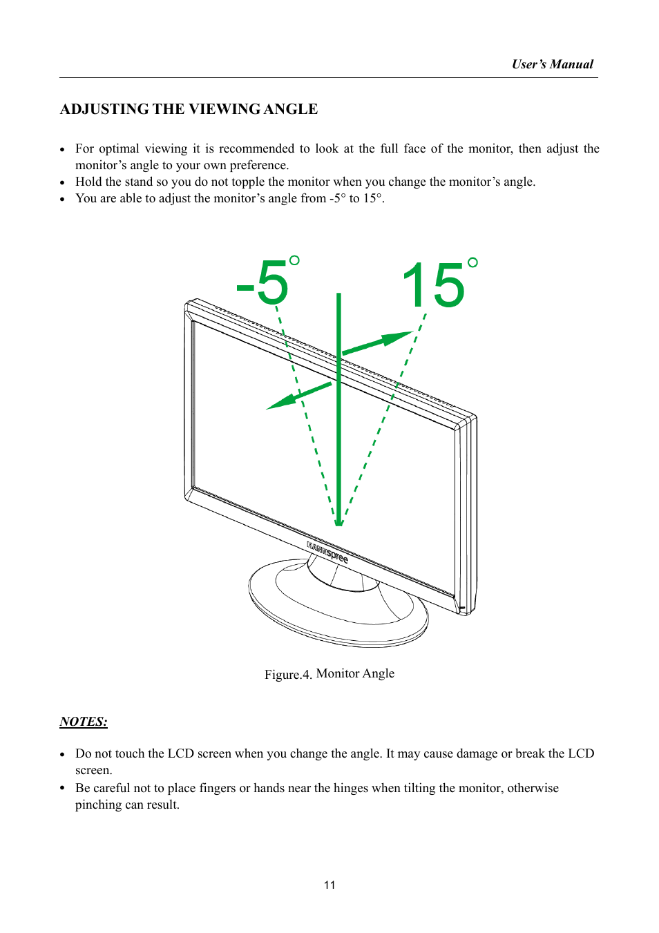 Adjusting the viewing angle | HANNspree LIQUID CRYSTAL DISPLAY HF237 User Manual | Page 11 / 23