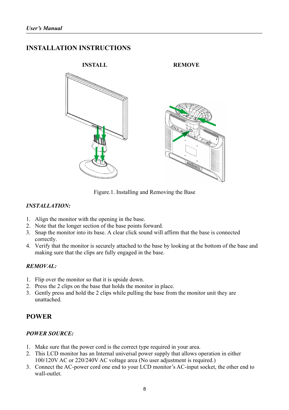 Installation instructions, Power | HANNspree LIQUID CRYSTAL DISPLAY HF237 User Manual | Page 8 / 23