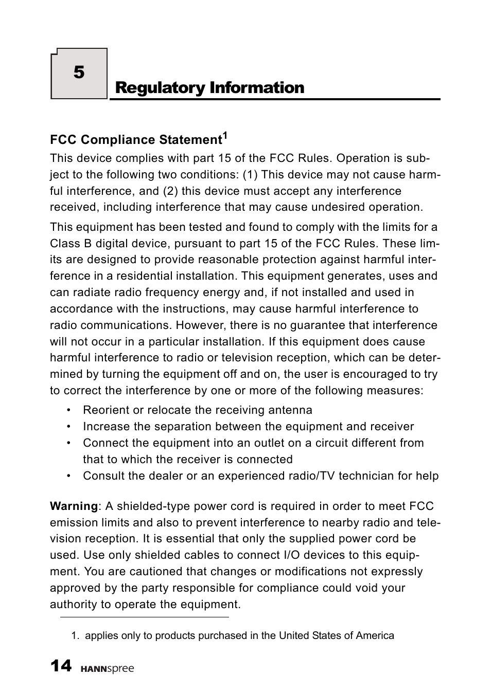 Regulatory information | HANNspree 9.6" LIQUID CRYSTAL DISPLAY TELEVISION K209-10A1 User Manual | Page 15 / 59
