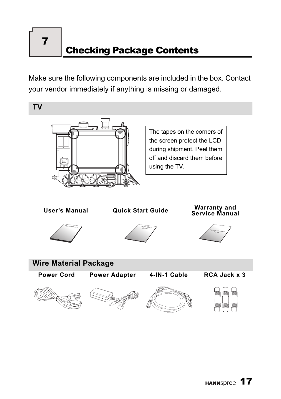 Checking package contents, Wire material package, Power cord power adapter 4-in-1 cable rca jack x 3 | HANNspree 9.6" LIQUID CRYSTAL DISPLAY TELEVISION K209-10A1 User Manual | Page 18 / 59