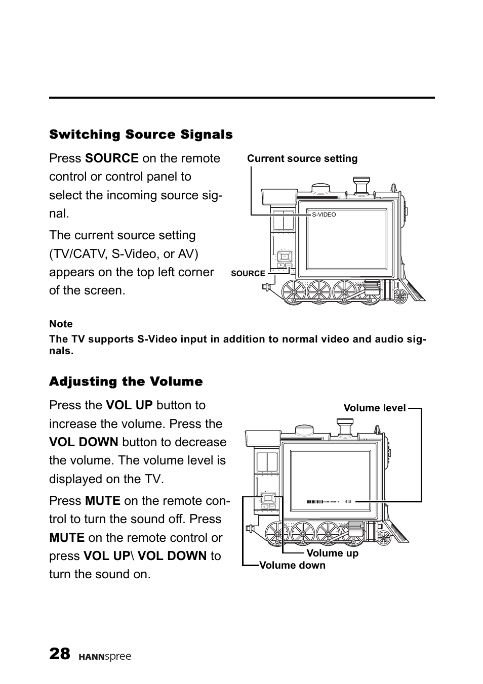 Switching source signals, Adjusting the volume | HANNspree 9.6" LIQUID CRYSTAL DISPLAY TELEVISION K209-10A1 User Manual | Page 29 / 59