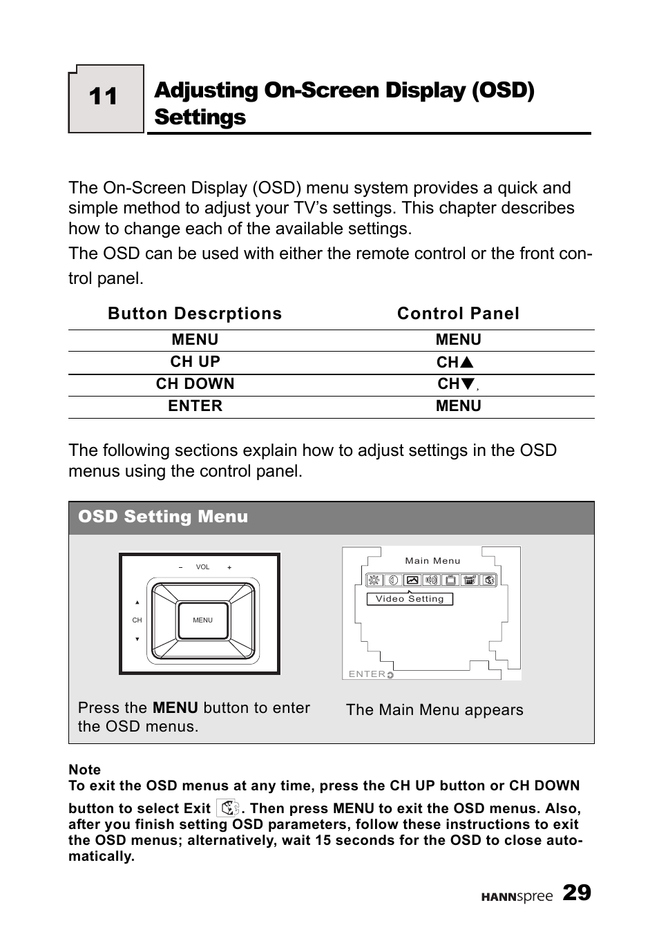 Adjusting on-screen display (osd) settings, Button descrptions control panel, Osd setting menu | HANNspree 9.6" LIQUID CRYSTAL DISPLAY TELEVISION K209-10A1 User Manual | Page 30 / 59