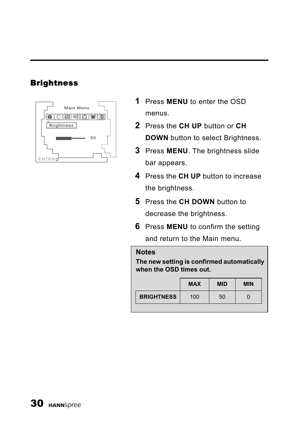 Brightness | HANNspree 9.6" LIQUID CRYSTAL DISPLAY TELEVISION K209-10A1 User Manual | Page 31 / 59
