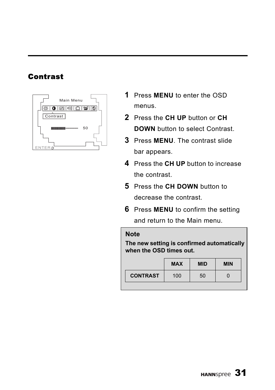 Contrast | HANNspree 9.6" LIQUID CRYSTAL DISPLAY TELEVISION K209-10A1 User Manual | Page 32 / 59