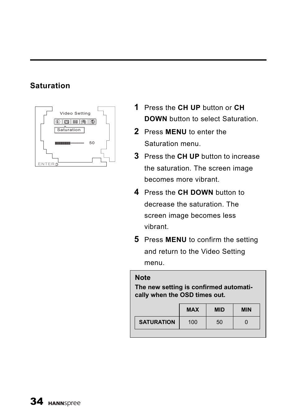 Saturation | HANNspree 9.6" LIQUID CRYSTAL DISPLAY TELEVISION K209-10A1 User Manual | Page 35 / 59