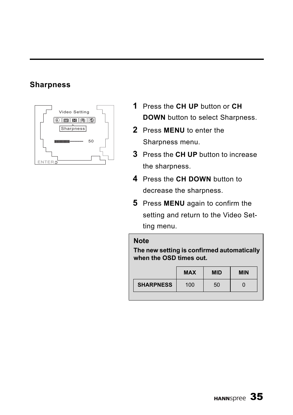 Sharpness | HANNspree 9.6" LIQUID CRYSTAL DISPLAY TELEVISION K209-10A1 User Manual | Page 36 / 59
