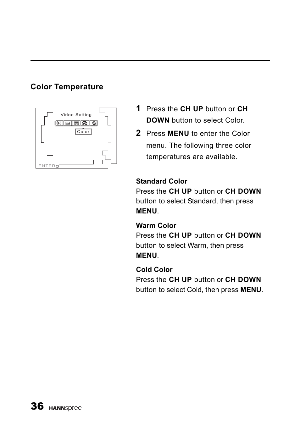 Color temperature | HANNspree 9.6" LIQUID CRYSTAL DISPLAY TELEVISION K209-10A1 User Manual | Page 37 / 59