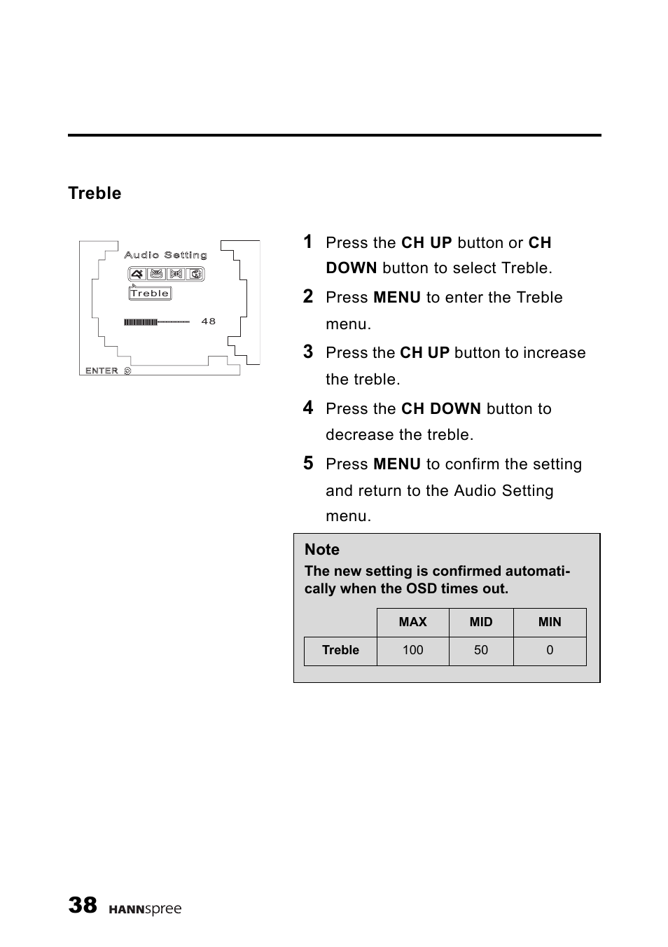 Treble | HANNspree 9.6" LIQUID CRYSTAL DISPLAY TELEVISION K209-10A1 User Manual | Page 39 / 59