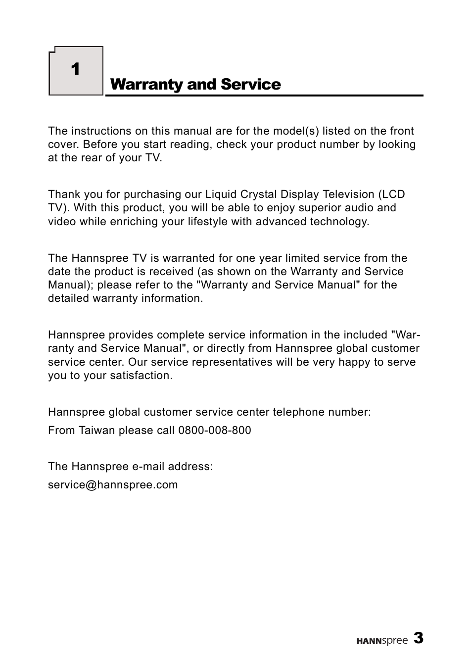 Warranty and service | HANNspree 9.6" LIQUID CRYSTAL DISPLAY TELEVISION K209-10A1 User Manual | Page 4 / 59