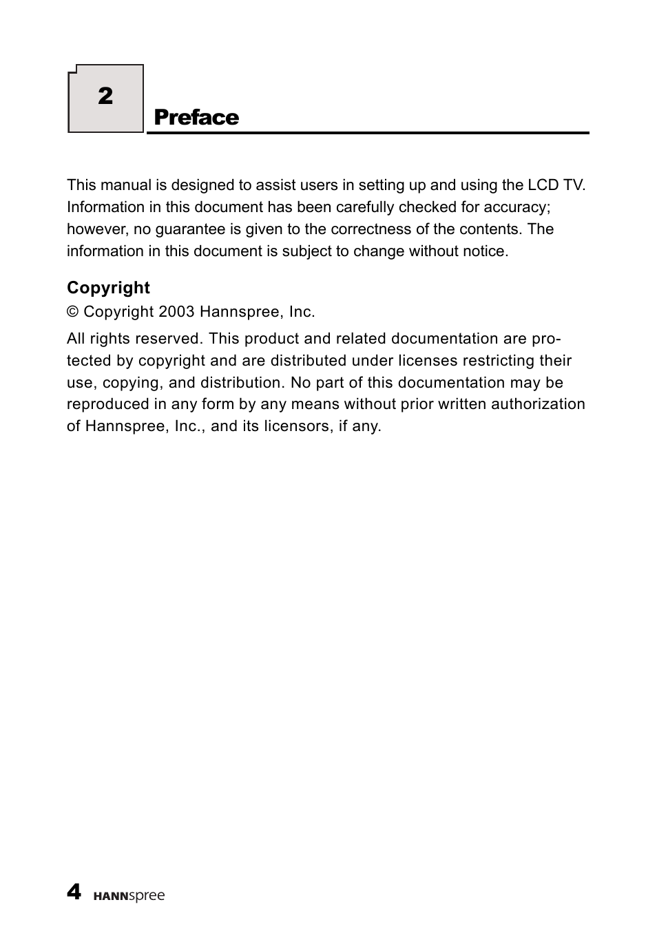 Preface | HANNspree 9.6" LIQUID CRYSTAL DISPLAY TELEVISION K209-10A1 User Manual | Page 5 / 59