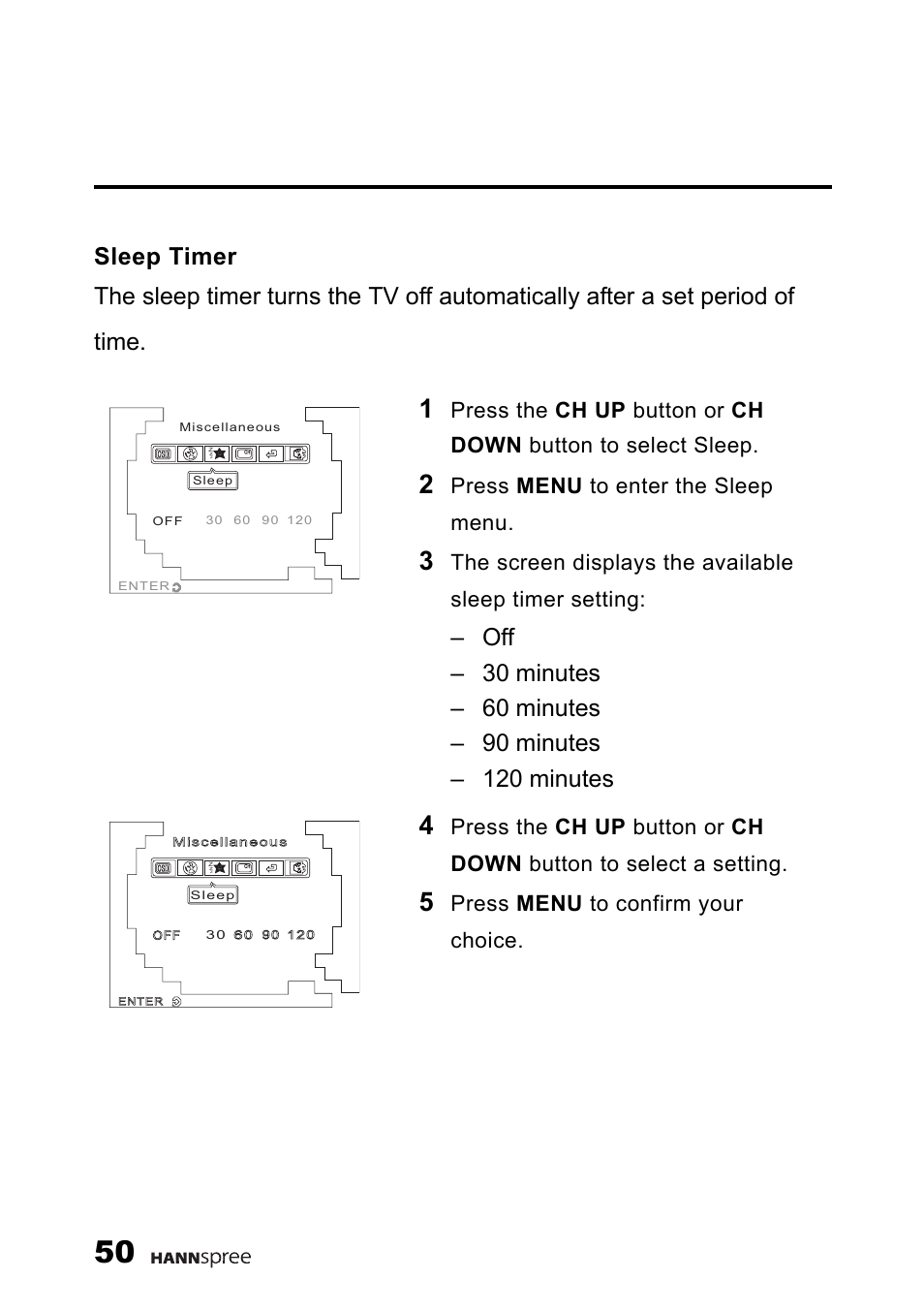 Sleep timer, Press menu to enter the sleep menu, Press menu to confirm your choice | HANNspree 9.6" LIQUID CRYSTAL DISPLAY TELEVISION K209-10A1 User Manual | Page 51 / 59
