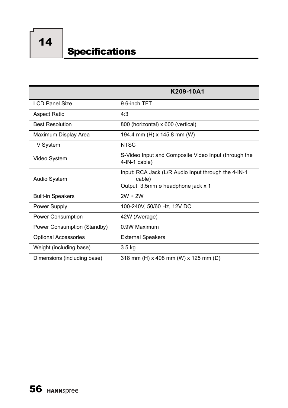 Specifications | HANNspree 9.6" LIQUID CRYSTAL DISPLAY TELEVISION K209-10A1 User Manual | Page 57 / 59