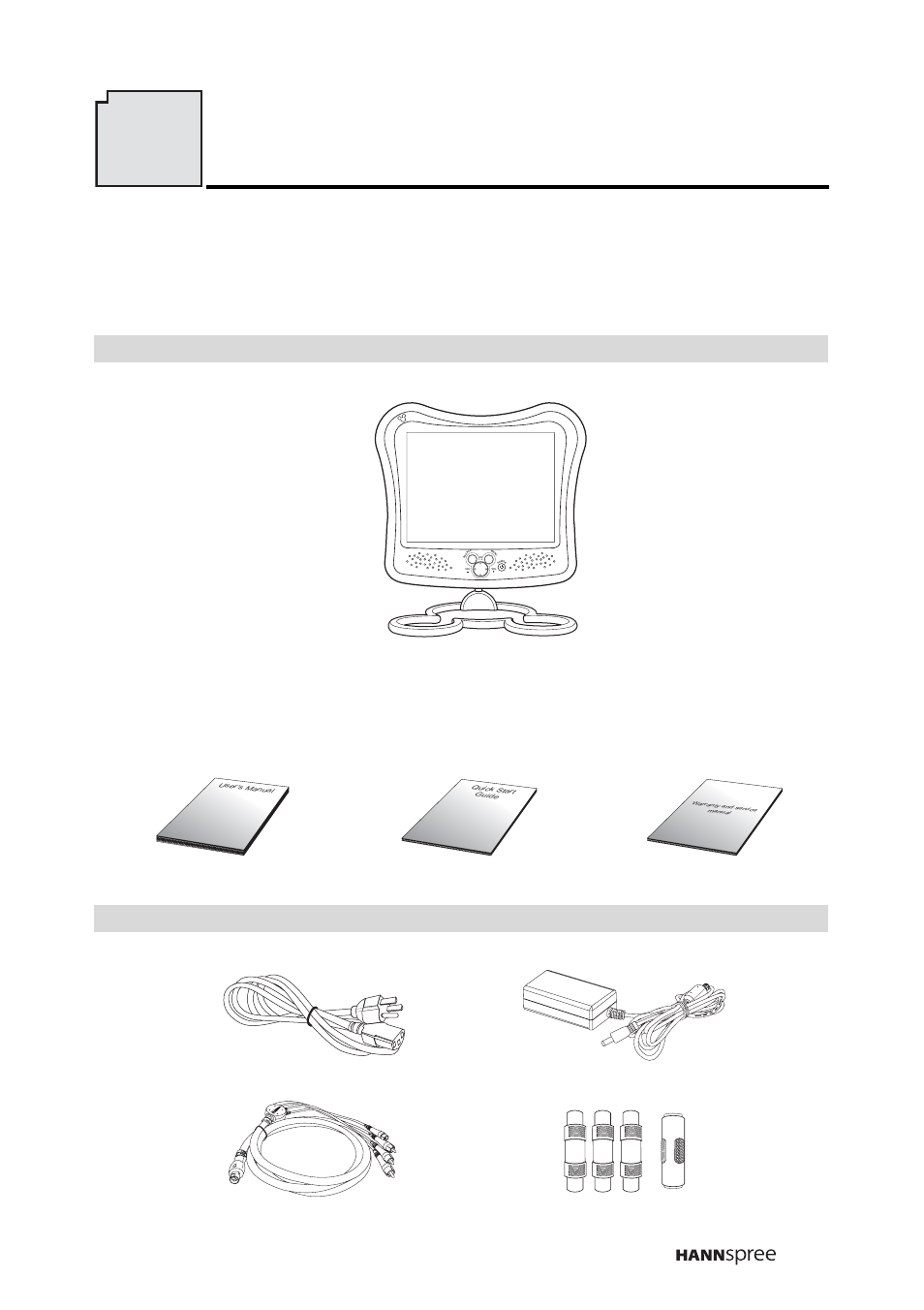 Checking package contents, Checking package contents 7, Tv wire material package | Power cord power adapter 4-in-1 cable, Rca jack x 3 s jack x 1 | HANNspree DT04-12A1 User Manual | Page 18 / 59