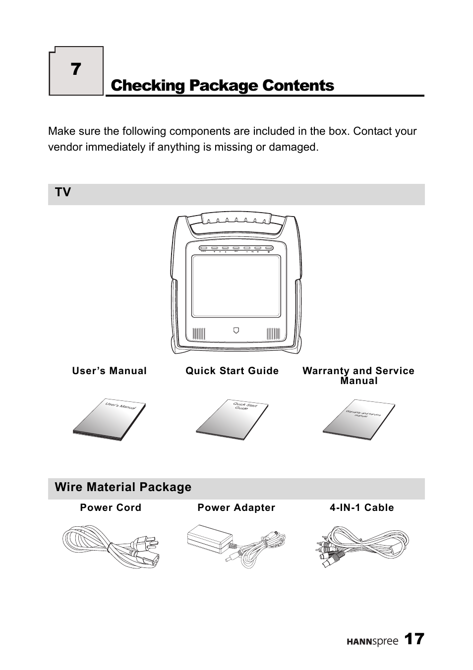 Checking package contents, Wire material package, Power cord power adapter 4-in-1 cable | HANNspree ST25-10A1 User Manual | Page 19 / 57