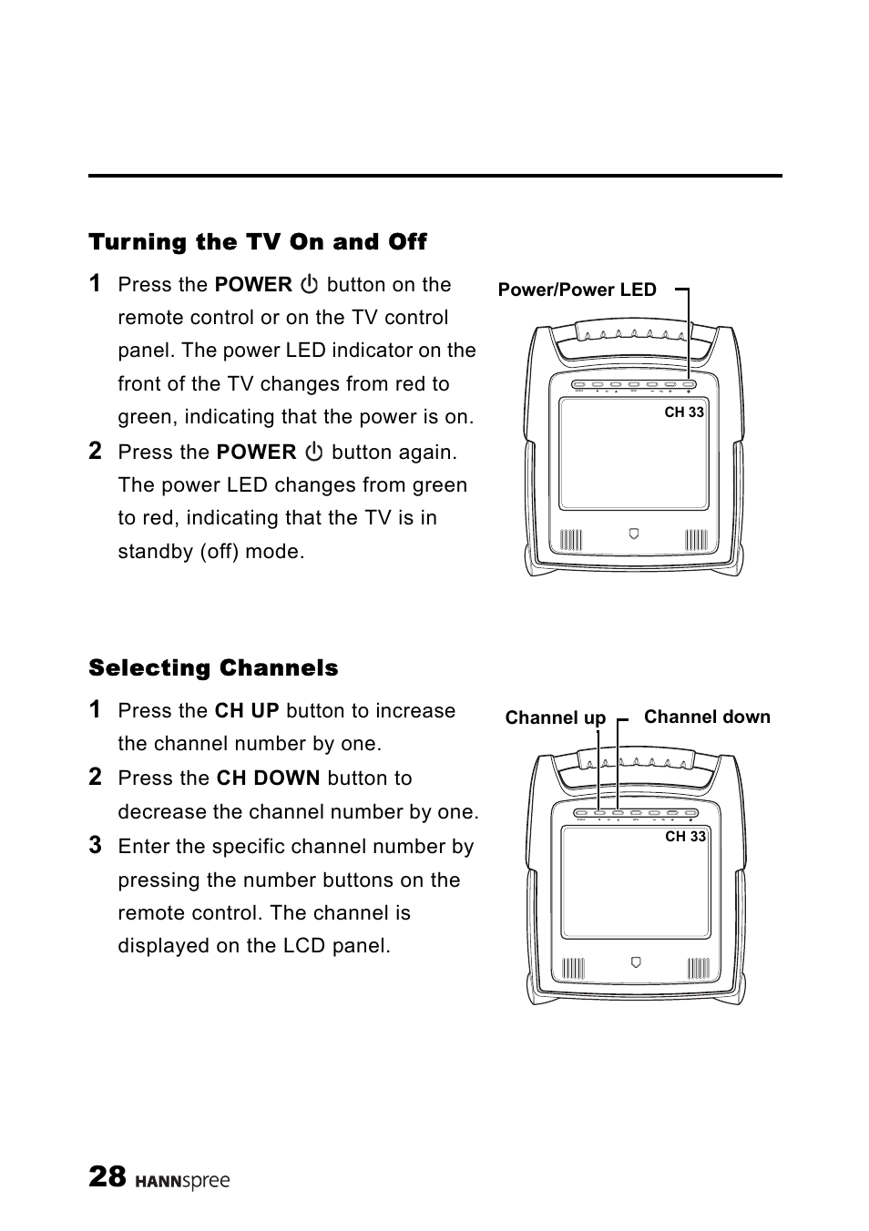 Turning the tv on and off, Selecting channels, Turning the tv on and off selecting channels | HANNspree ST25-10A1 User Manual | Page 30 / 57