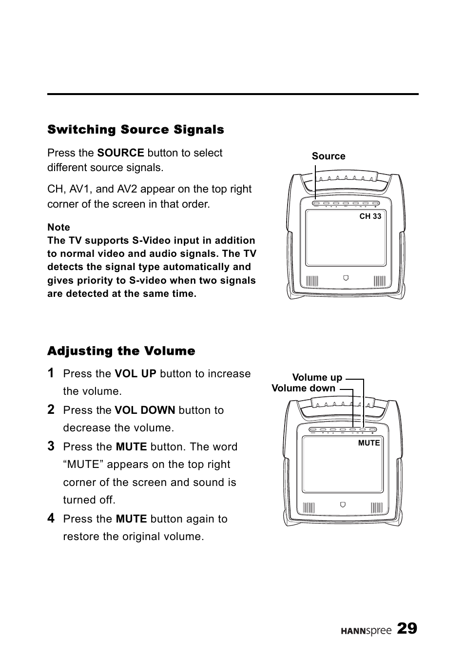 Switching source signals, Adjusting the volume, Switching source signals adjusting the volume | HANNspree ST25-10A1 User Manual | Page 31 / 57