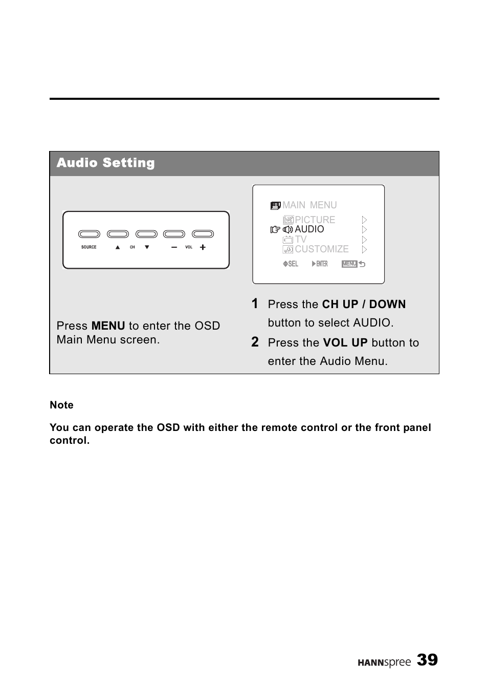 Audio setting, Press menu to enter the osd main menu screen, Press the ch up / down button to select audio | Press the vol up button to enter the audio menu | HANNspree ST25-10A1 User Manual | Page 41 / 57
