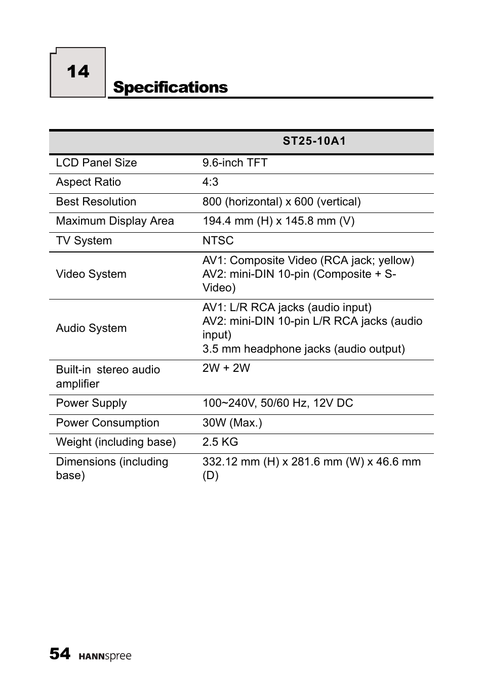 Specifications | HANNspree ST25-10A1 User Manual | Page 56 / 57