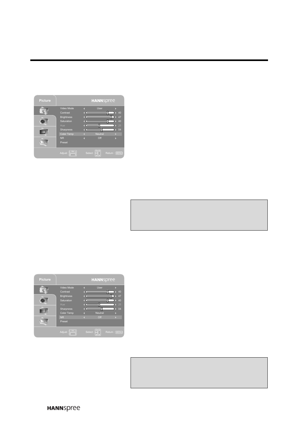 Color temperature, Noise reduction, Color temperature noise reduction | Press ch up or ch down to select color temp, Press menu to confirm the setting | HANNspree LIQUID CRYSTAL DISPLAY TELEVISION MAK-000022 User Manual | Page 35 / 57