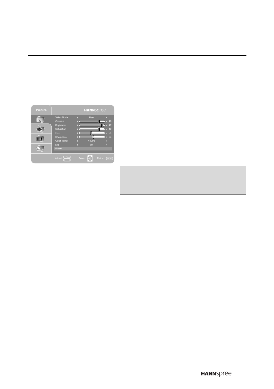 Preset, Press ch up or ch down to select preset, Press menu to confirm the setting | HANNspree LIQUID CRYSTAL DISPLAY TELEVISION MAK-000022 User Manual | Page 36 / 57