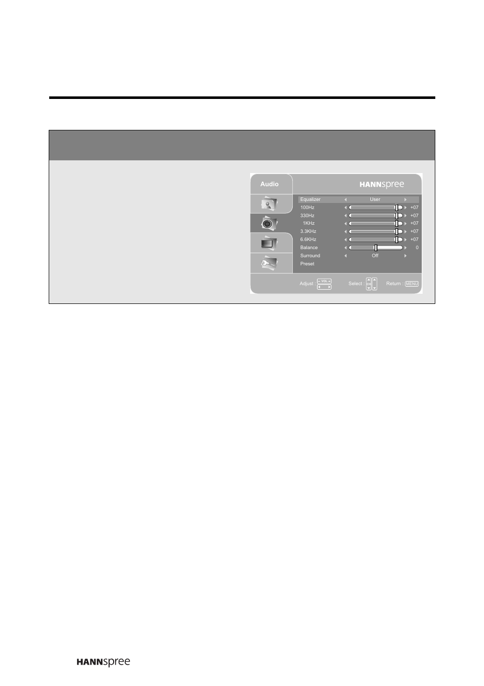 Audio setting, Press menu to enter the osd menus, Press ch up or ch down to select audio setting | Press vol up to enter the audio setting menu | HANNspree LIQUID CRYSTAL DISPLAY TELEVISION MAK-000022 User Manual | Page 37 / 57