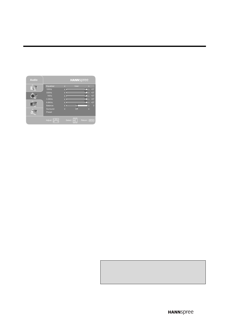 Equalizer, Press menu to confirm the setting | HANNspree LIQUID CRYSTAL DISPLAY TELEVISION MAK-000022 User Manual | Page 38 / 57