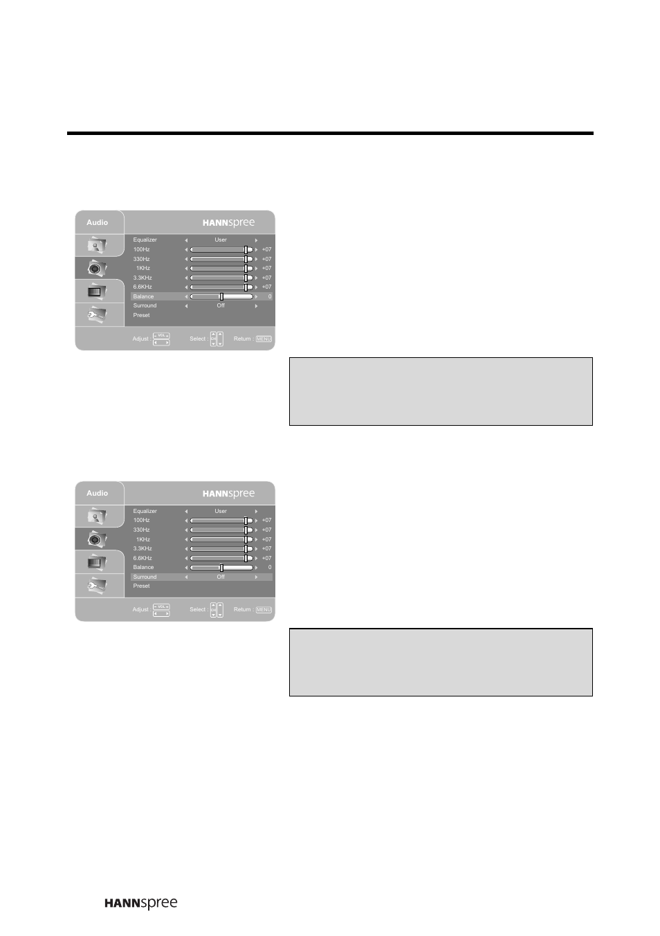 Balance, Surround, Balance surround | Press ch up or ch down to select balance, Press menu to confirm the setting, Press ch up or ch down to select surround | HANNspree LIQUID CRYSTAL DISPLAY TELEVISION MAK-000022 User Manual | Page 39 / 57