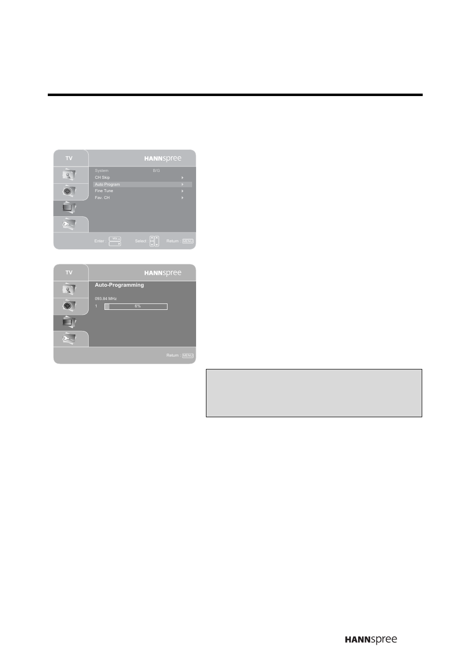 Auto program, Press ch up or ch down to select auto program, Press vol up to begin auto programming | Press menu to confirm the setting | HANNspree LIQUID CRYSTAL DISPLAY TELEVISION MAK-000022 User Manual | Page 44 / 57