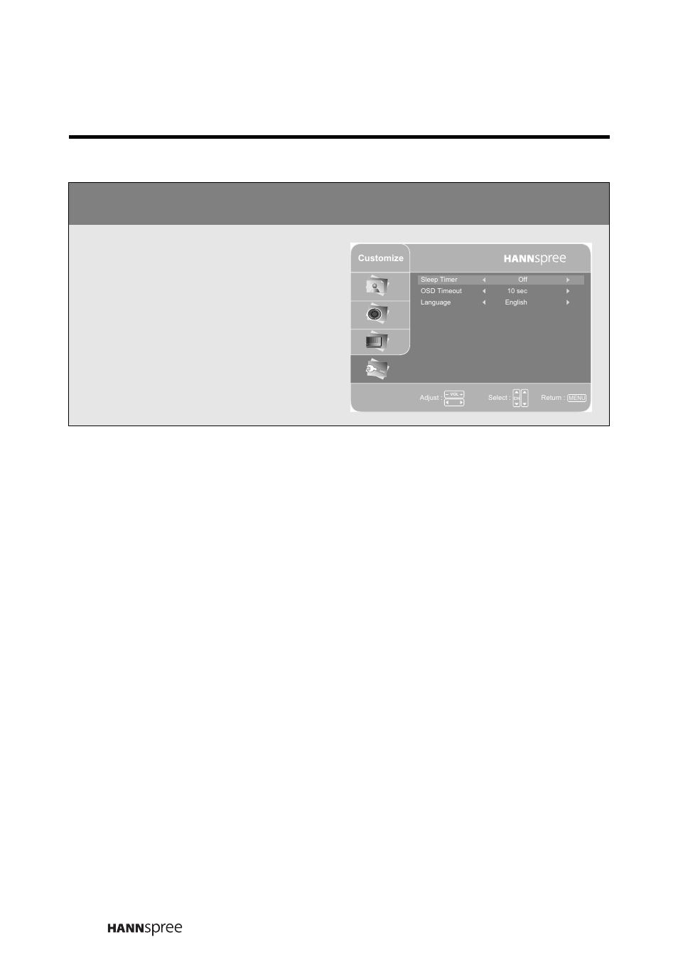 Customize setting, Press menu to enter the osd menus, Press ch up or ch down to select customize | Press vol up to enter the customize setting menu | HANNspree LIQUID CRYSTAL DISPLAY TELEVISION MAK-000022 User Manual | Page 47 / 57