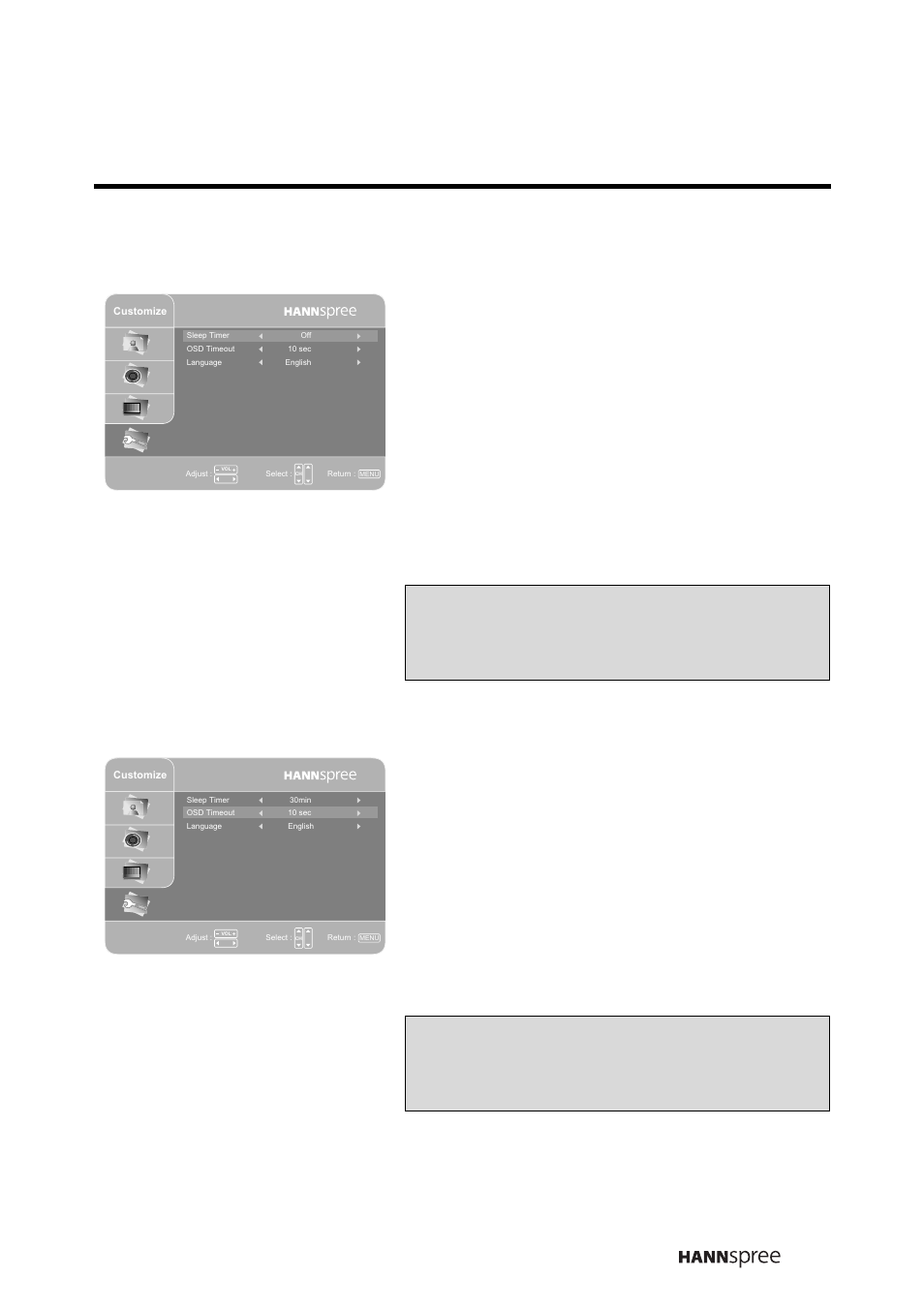 Sleep timer, Osd timeout, Sleep timer osd timeout | Press ch up or ch down to select sleep timer, Press menu to confirm the setting, Press ch up or ch down to select osd timeout | HANNspree LIQUID CRYSTAL DISPLAY TELEVISION MAK-000022 User Manual | Page 48 / 57