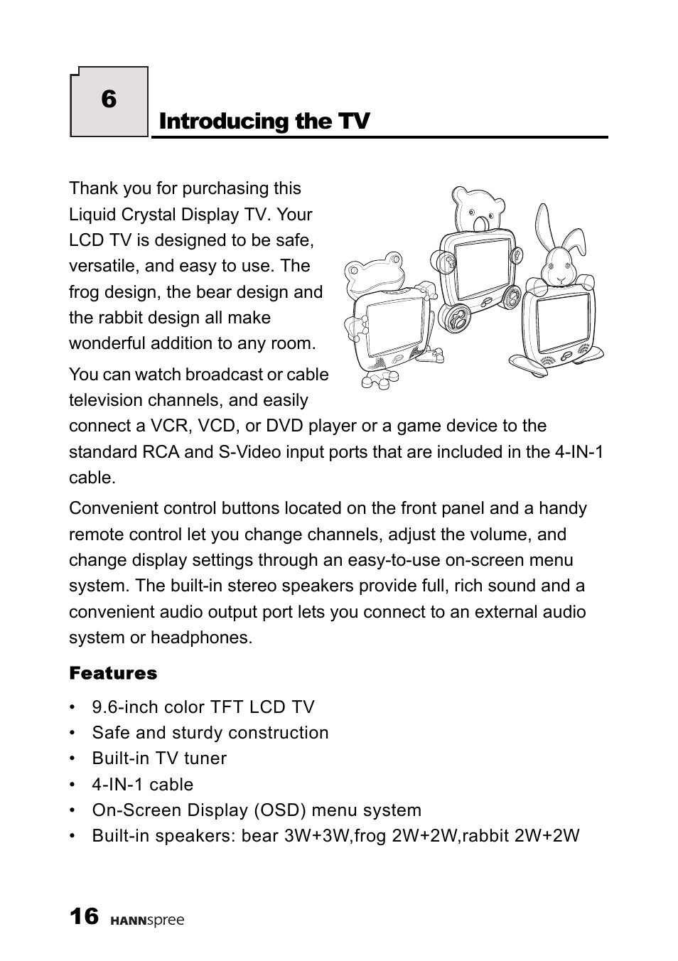 Features, Introducing the tv | HANNspree F637-10A User Manual | Page 17 / 60