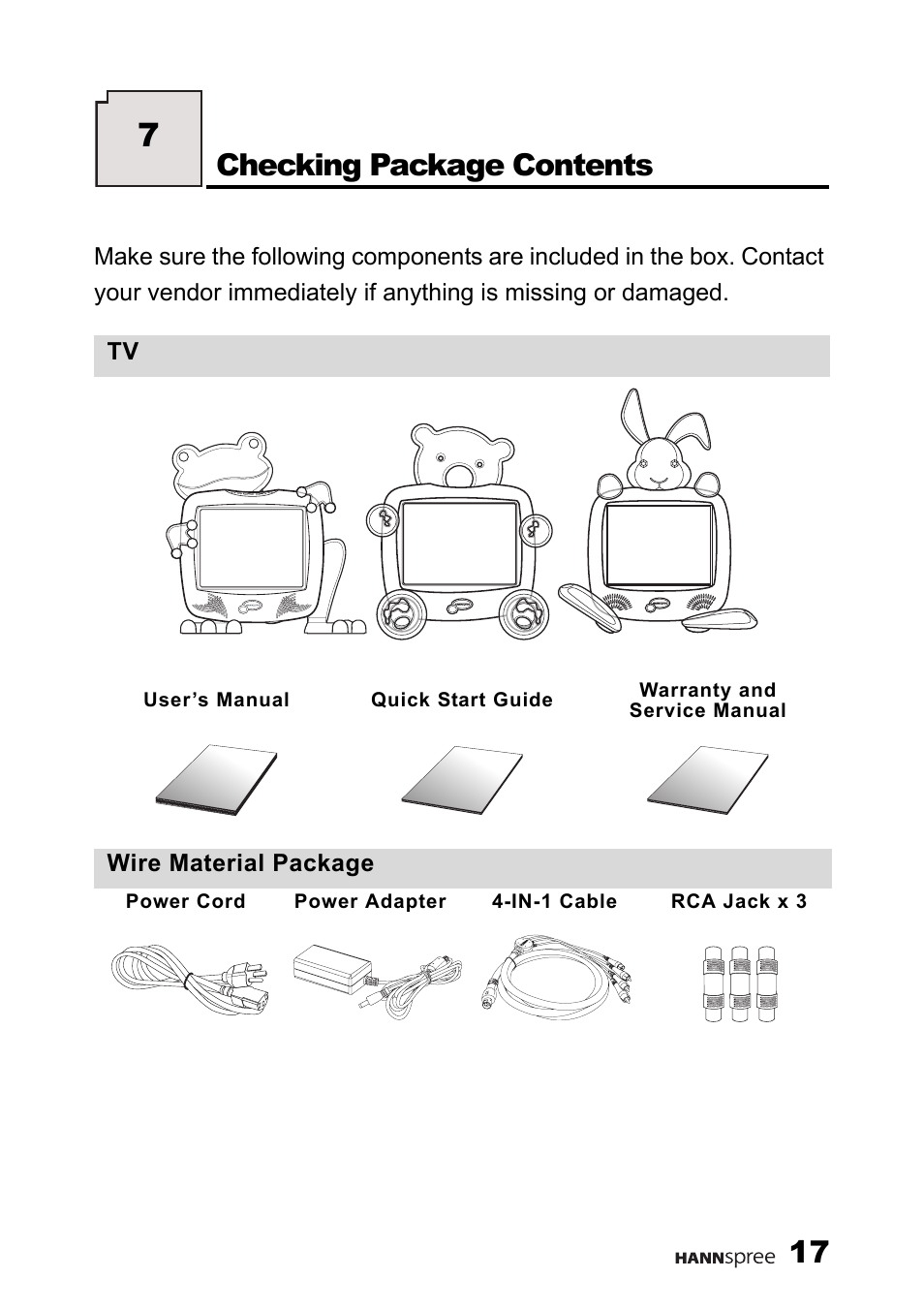 Checking package contents, Wire material package | HANNspree F637-10A User Manual | Page 18 / 60