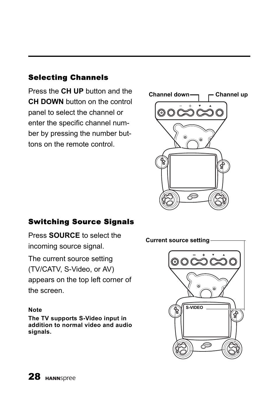 Selecting channels, Switching source signals | HANNspree F637-10A User Manual | Page 29 / 60