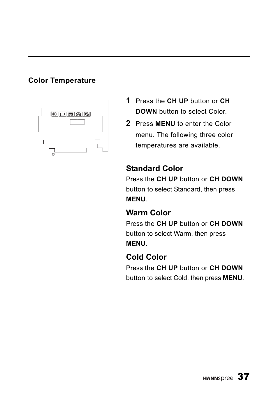 Color temperature, Standard color, Warm color | Cold color | HANNspree F637-10A User Manual | Page 38 / 60