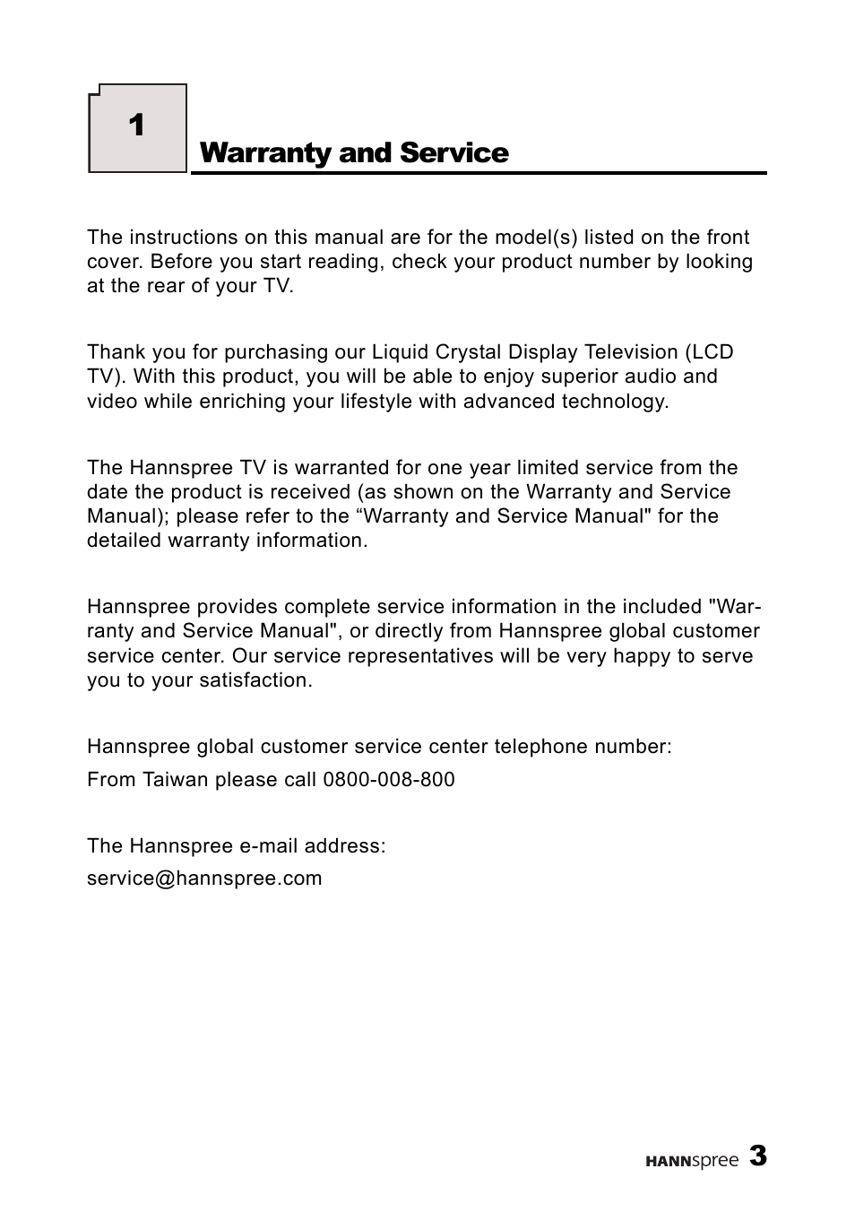 Warranty and service | HANNspree F637-10A User Manual | Page 4 / 60