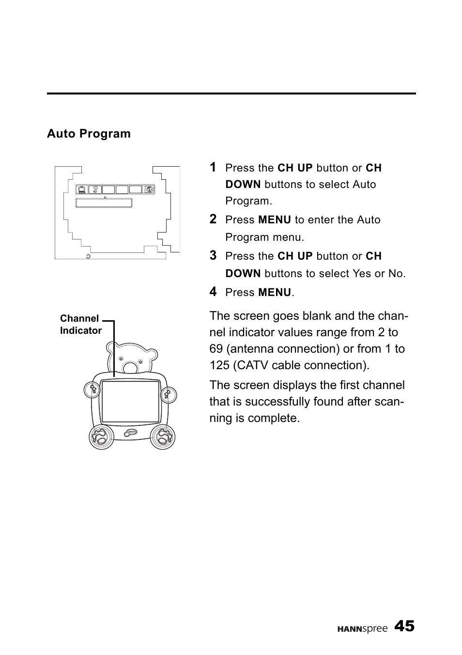 Auto program, Press menu to enter the auto program menu, Press menu | HANNspree F637-10A User Manual | Page 46 / 60