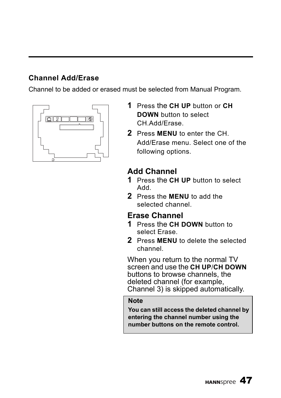 Channel add/erase, Add channel 1, Erase channel 1 | HANNspree F637-10A User Manual | Page 48 / 60