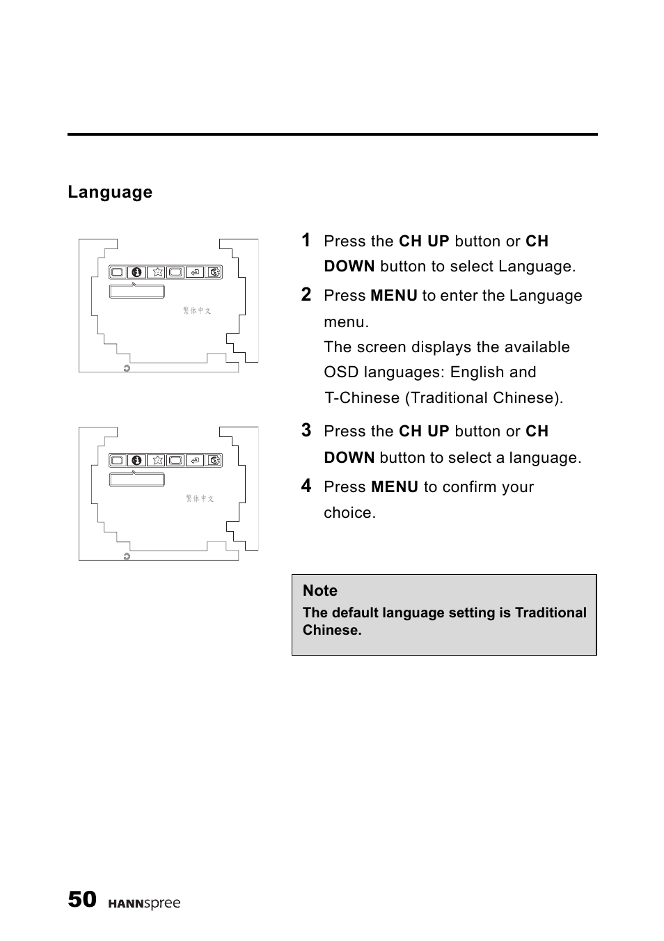 Language, Press menu to confirm your choice | HANNspree F637-10A User Manual | Page 51 / 60