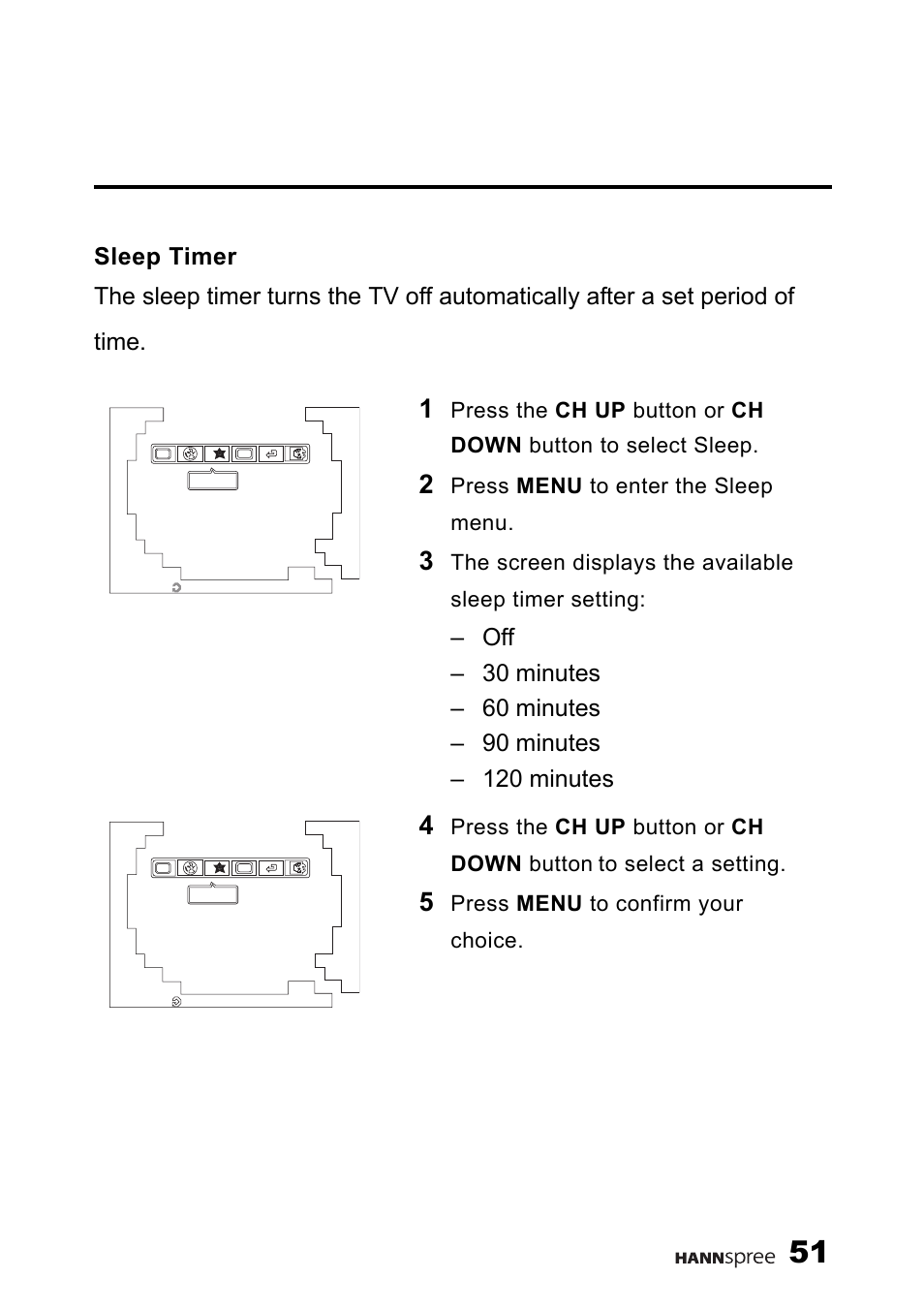 Sleep timer, Press menu to enter the sleep menu, Press the ch up button or ch down button | Press menu to confirm your choice | HANNspree F637-10A User Manual | Page 52 / 60