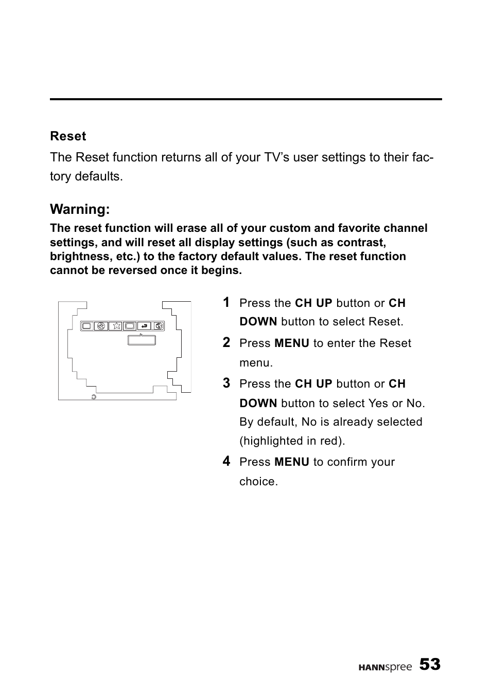 Reset, Warning, Press menu to enter the reset menu | Press menu to confirm your choice | HANNspree F637-10A User Manual | Page 54 / 60