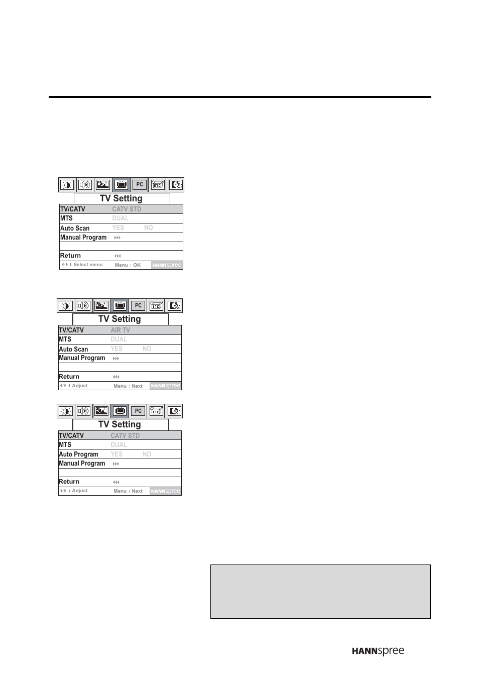 Tv/catv, Press menu to enter the osd menus, Press menu to enter the tv set- ting menu | Press menu to select return | HANNspree LT0B-15A1 User Manual | Page 46 / 72