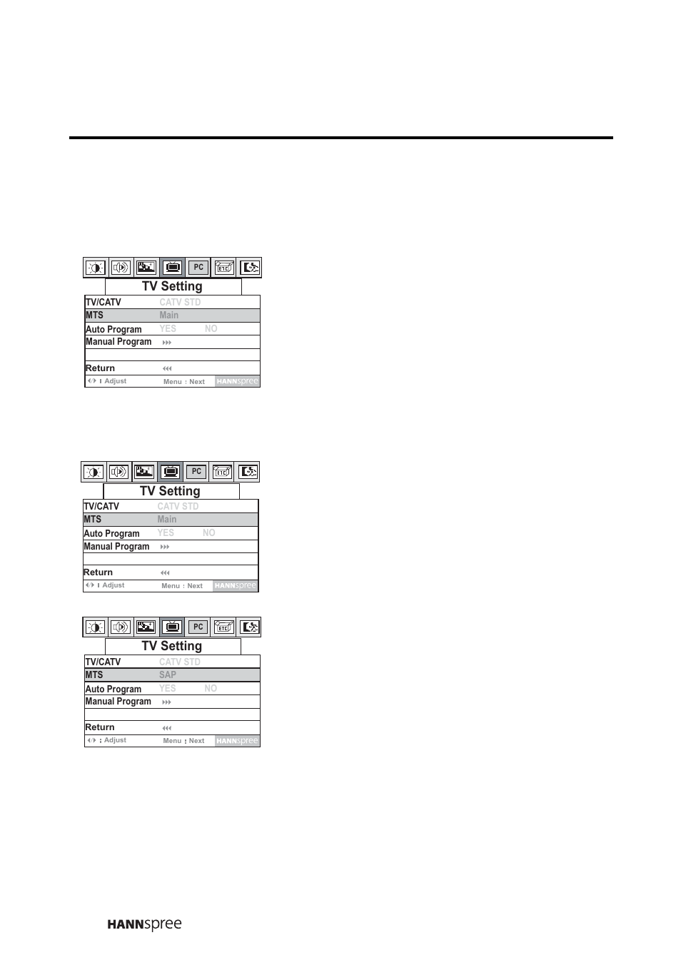 Press menu to enter the osd menus, Press menu to enter the tv set- ting menu | HANNspree LT0B-15A1 User Manual | Page 47 / 72