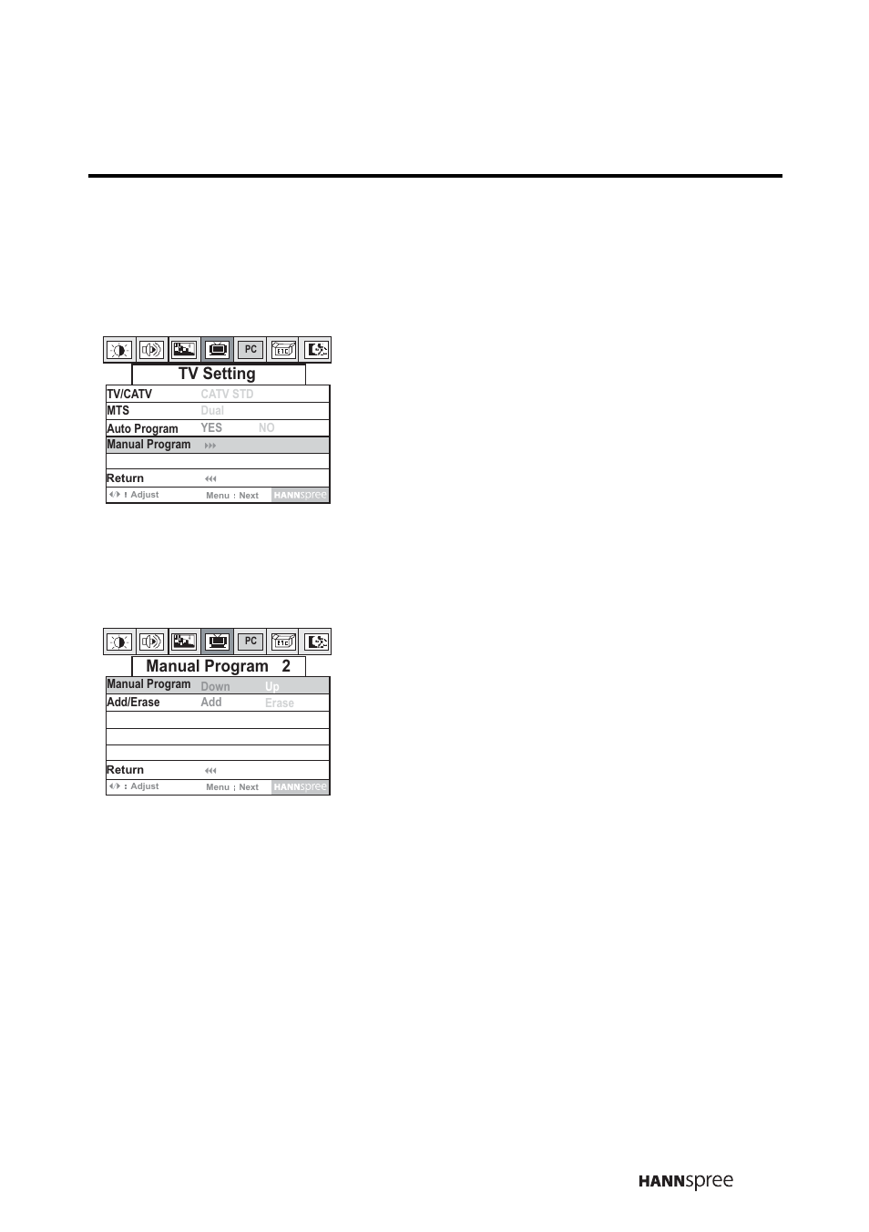 Manual program, Press menu to enter the osd menus, Press menu to enter the tv set- ting menu | Press menu to select manual pro- gram | HANNspree LT0B-15A1 User Manual | Page 50 / 72