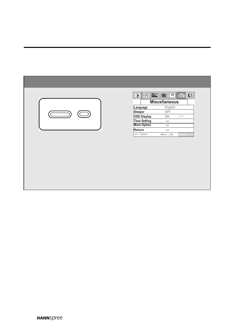 Miscellaneous setting, Press the menu button to enter the osd menus, Press menu to enter the mis- cellaneous menu | HANNspree LT0B-15A1 User Manual | Page 59 / 72