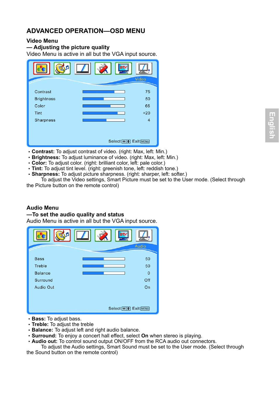 En g lis h, Advanced operation—osd menu | HANNspree XV Series 32 User Manual | Page 18 / 91